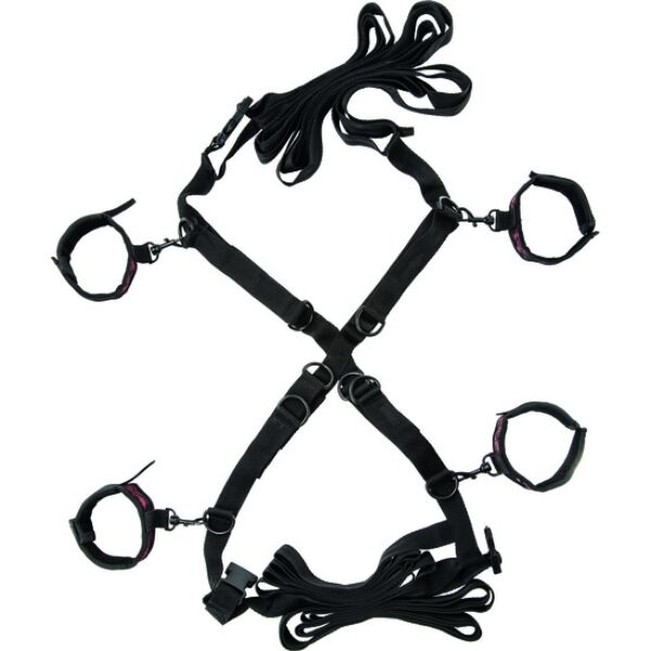 Bondageset CalExotics Scandal Over the Bed Cross met riemen en pluche boeien