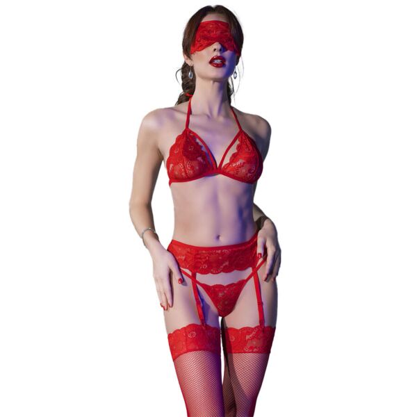 Lingerieset Chilirose CR 4467 met bh, jarretelgordel, string en kousen