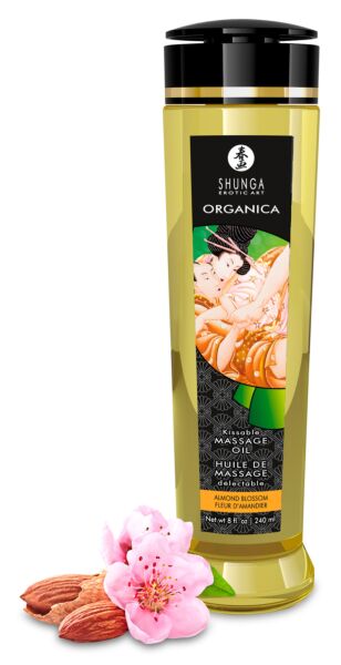 Fles van 240 ml met de massageolie Shunga Almond Blossom