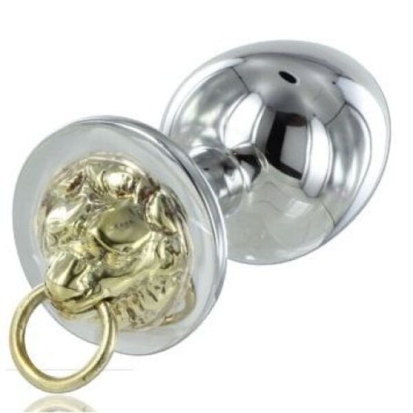 Buttplug Metal Hard Tijger van gepolijst staal, met de gebeeldhouwde tijger en de ring om vast te houden