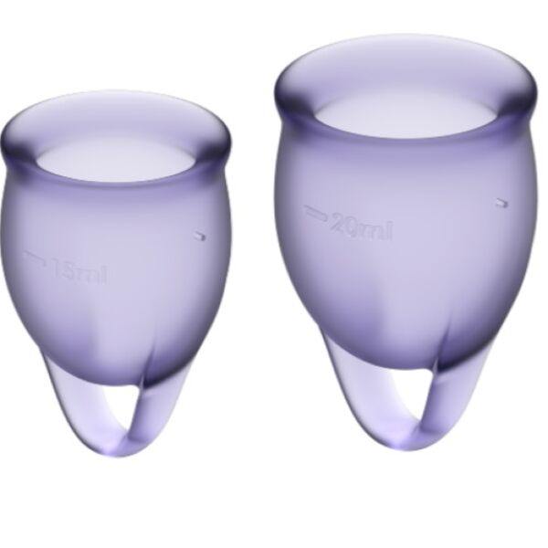 De twee menstruatiecups Satisfyer Feel Confident, van 15 en 20 ml