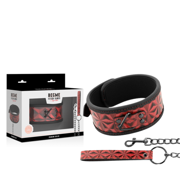 BDSM halsband Begme Red Edition van veganistisch leer met metalen ketting, halsring en riem