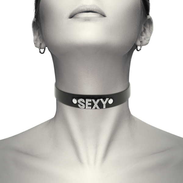 Halsband Coquette Chic Desire, zwarte verstelbare BDSM halsband met haakjes