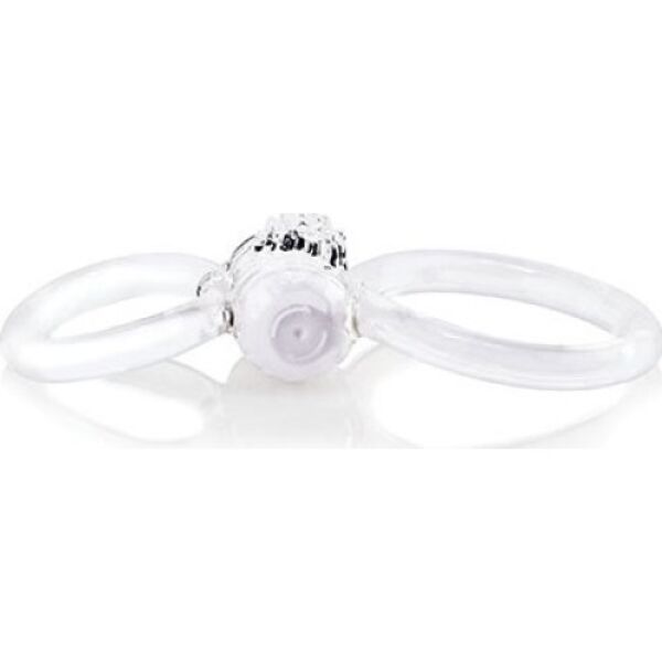 Dubbele vibrerende cockring Screaming O Ofinity Plus Clear, transparant, met de bullet vibrator tussen de twee ringen