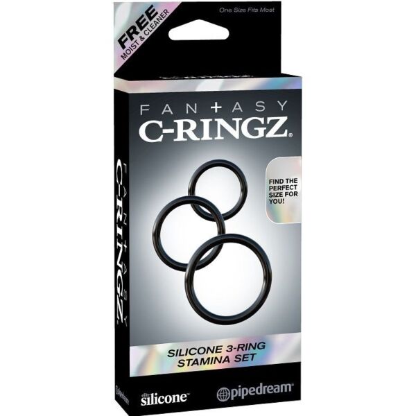 Drie zwarte Pipedream Fantasy C-Ringz Stamina-cockringen voor penis en testikels