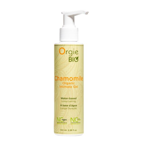 Fles met pomp van de Orgie Bio Chamomile intiemgel van 100 ml