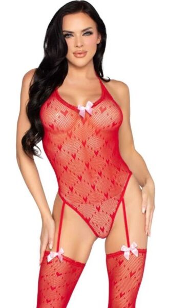 Body van net met hartjes en vaste kousen tot op de dij Leg Avenue Love Spell