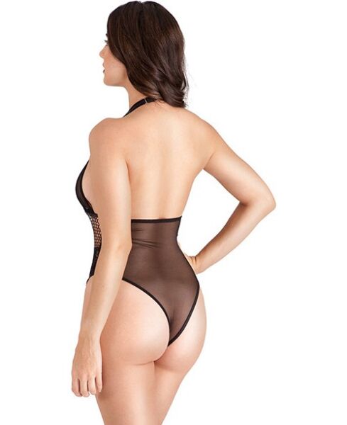 Zwarte tanga body S Pleasures Kant Floral met V-hals en open rug