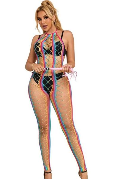Subblime bodystocking van mesh met regenboogprint en halternek