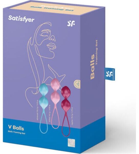 Vaginale balletjes Satisfyer V Balls, set van drie balletjes in turquoise, roze en rood