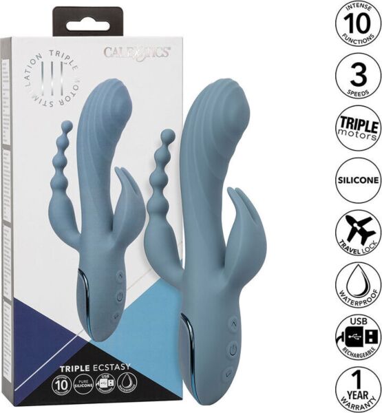 Blauwe rabbitvibrator CalExotics III Triple Ecstasy, met schacht, stimulator en kralenstaart