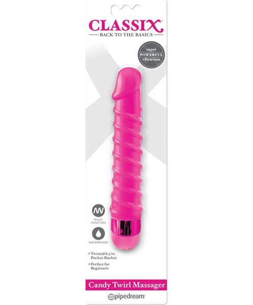 Roze Pipedream Candy Twirl vibrator met spiraalvormig geribbeld lichaam en draaiknop onderaan