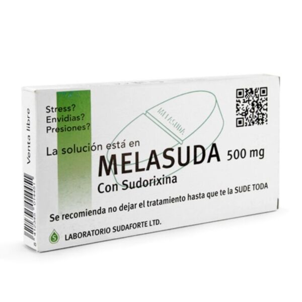 Doosje Melasuda 500 mg snoepjes van Diablo Picante, ontworpen als een medicijndoosje