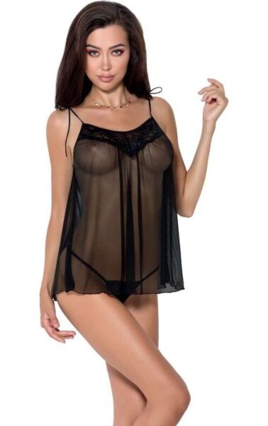 Zwarte Passion Melania chemise met kant in de hals en bijpassende string