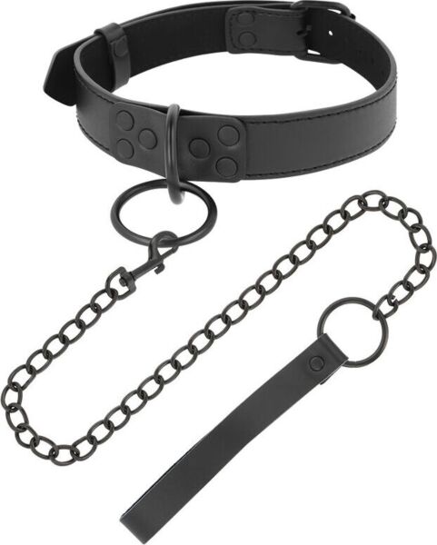 Halsband met ketting Darkness, zwart, met de ketting vastgeklikt aan de ring van de halsband