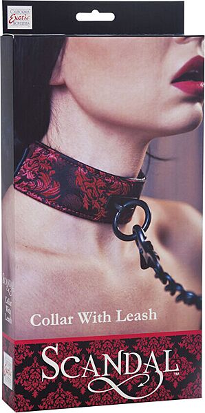CalExotics Scandal omkeerbare halsband met kettingriem en rood-zwart brokaat