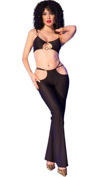 Lingerieset Chilirose CR 4851, zwarte top met gouden ringen en legging met zijsnedes