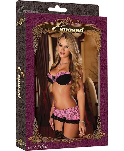 Lingerieset Exposed Bra & Skirt Set Pink, met bh, string en rokje met jarretels in roze bloemenstof met zwart kant