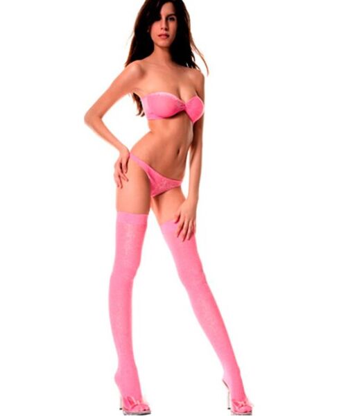 Lingerieset Music Legs Lurex roze, met strapless top, string en kousen