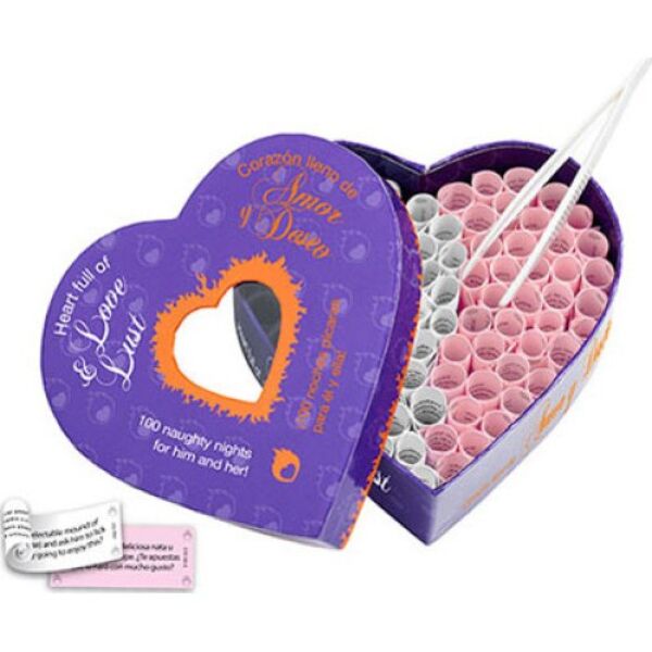 Erotisch spel Hart, Liefde en Verlangen van Tease & Please, hartvormige doos met roze en witte papieren rolletjes