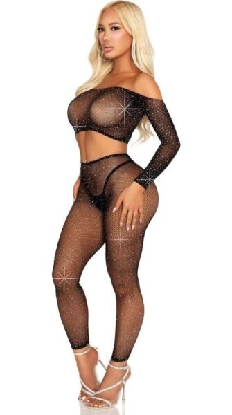 Leg Avenue Captivating Crush set in zwart, crop top en legging van mesh met strass