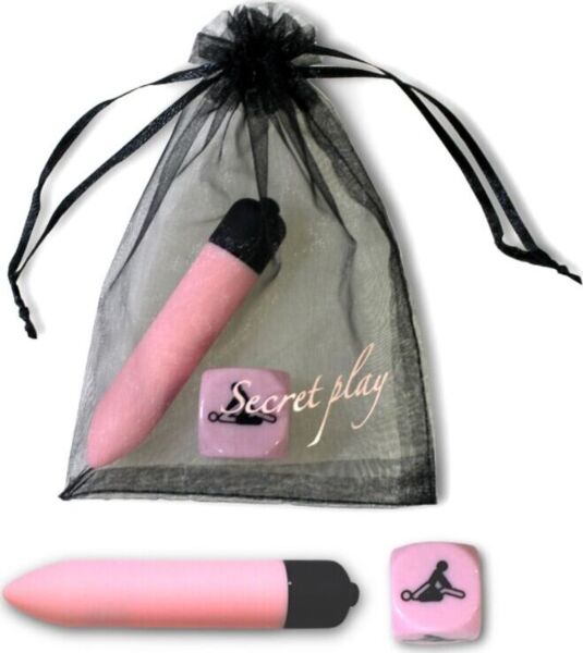 Secret Play Kit Sensual Feelings, met de roze bullet vibrator, de roze standjesdobbelsteen en het organzazakje