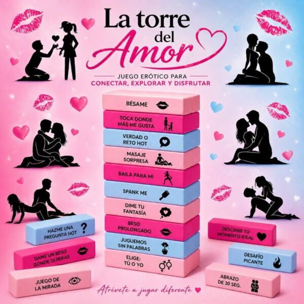 Erotisch spel Diverty Sex Love Tower met houten blokken, blinddoek, bondagetape en veer