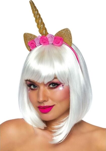 Eenhoorn diadeem Leg Avenue Golden Unicorn Flower, met gouden spiraalhoorn, glinsterende oortjes en roze rozen