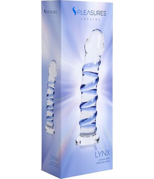 Dildo S Pleasures Crystal Lynx, transparant met blauwe details en spiraalreliëf