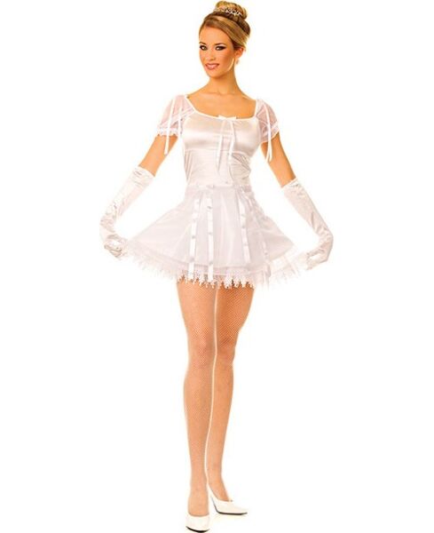 Wit ballerina kostuum Music Legs S/M met glanzende satijnen jurk en satijnen handschoenen