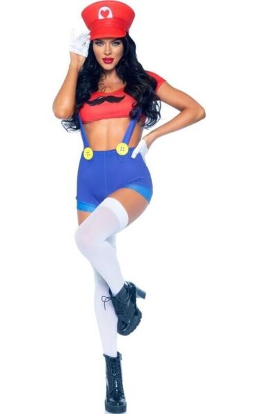 Sexy Mario Bros kostuum van Leg Avenue in rood en blauw, met crop top, shorts met bretels en rode pet