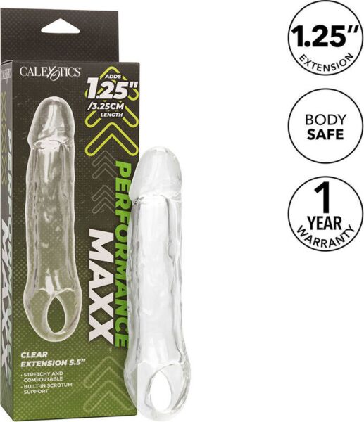 Transparante penishoes CalExotics Performance Maxx Clear Extension 5,5 met band om het scrotum