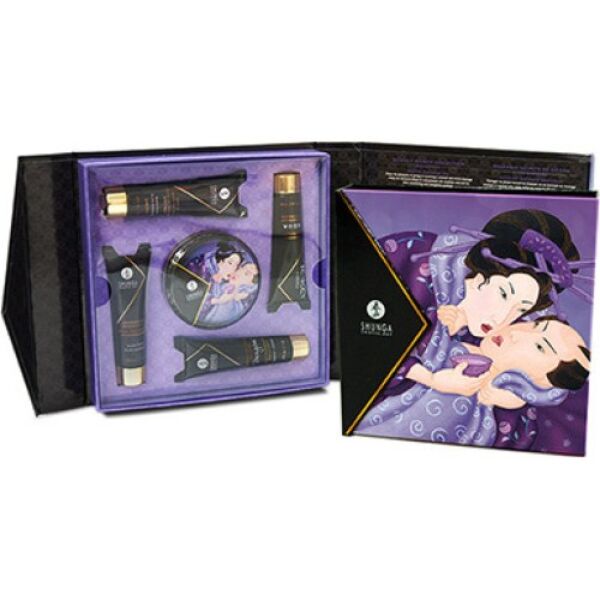 Shunga Geisha's Secret Exotic Fruits cadeauset met de vijf producten in miniformaat en het doosje
