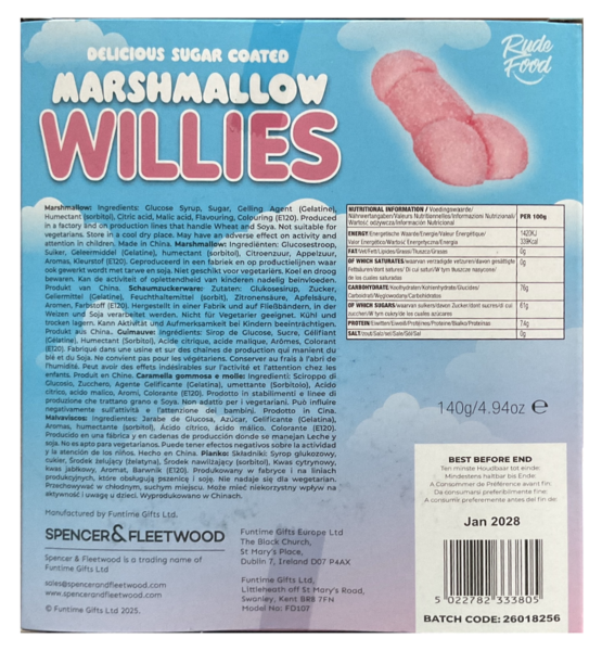 Verpakking roze penis marshmallows Marshmallow Willies van Spencer & Fleetwood