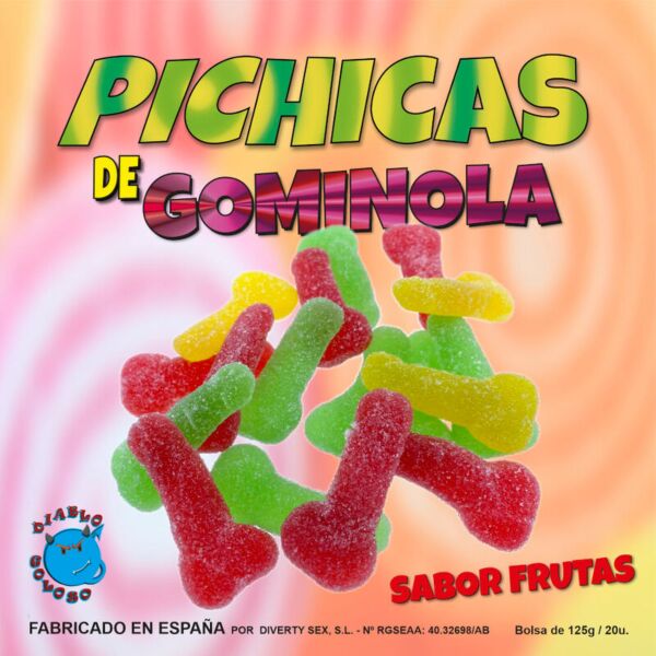 Doosje penisvormige gummies van Diablo Goloso, kauwsnoepjes met fruitsmaak in de vorm van een penis