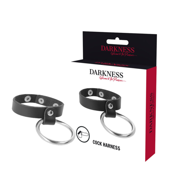 Darkness Bondage cockring voor penis en testikels, zwart en metaalkleurig