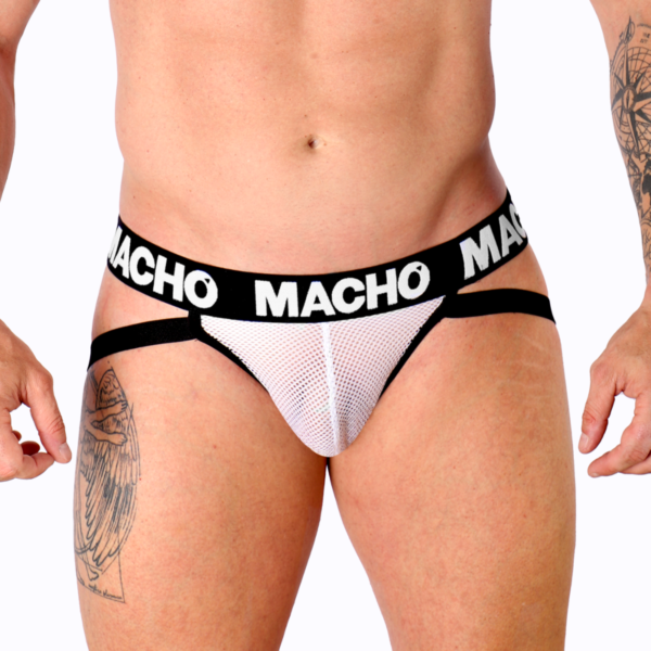 Witte jockstrap Macho Underwear MX26X1 met semitransparant net