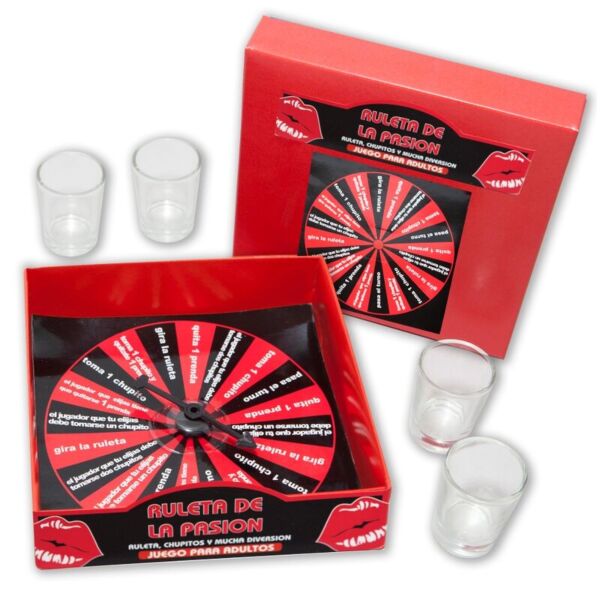 Drankspel Diablo Picante Ruleta de la Pasión, met de roulette en de 4 shotglaasjes