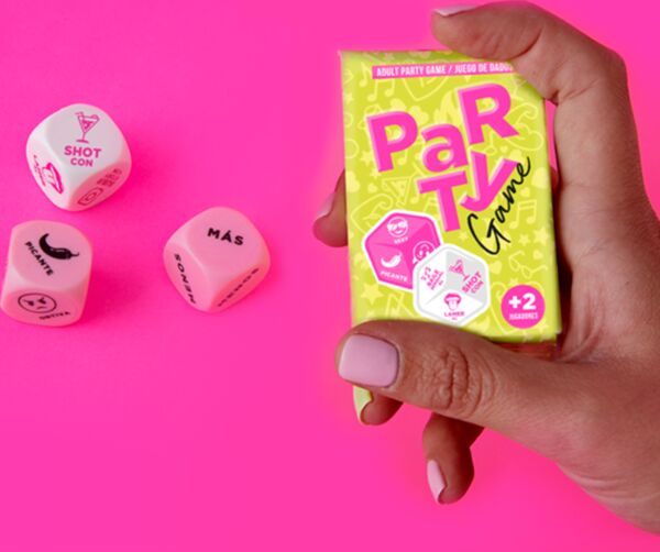 Erotisch dobbelspel Sexitive Party Game, met de 3 dobbelstenen