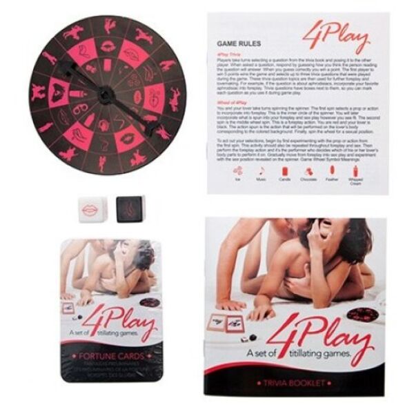 Erotisch spellenset Kheper Games 4Play, met doos, kaarten, dobbelstenen en rad