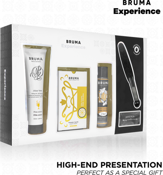 Bruma Xperience Sweet Temptation set met vloeibare vibrator, glijmiddel, olie, veer en blinddoek