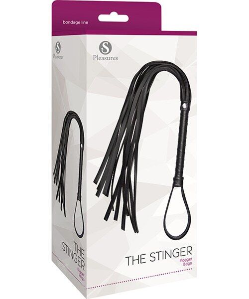 Flogger S Pleasures The Stinger, zwart, met 13 repen en handgreep met polslus