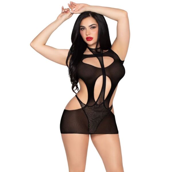 Lingerieset Leg Avenue Main Stage in zwart: minijurkje met uitsparingen over een body van net met halternek