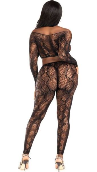 Leg Avenue Cold Blooded 89373 lingerieset met crop top met lange mouwen en voetloze panty in zwart net met slangenprint