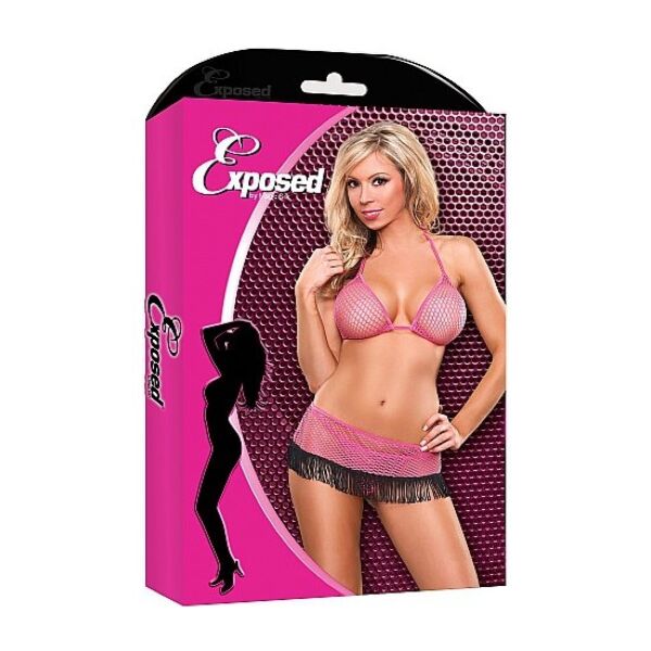 Exposed lingerieset in 3 delen, roze met zwarte details, met bikinibeha en string met dun koordje