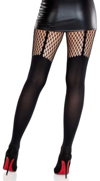 Zwarte panty Leg Avenue Jett Garter Illusion, ondoorzichtig en met net op de dij dat een jarretel nabootst