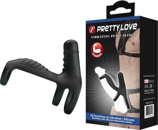 Zwarte, rekbare Pretty Love Vibrating Penis Sling met ringvormige basis en reliëf