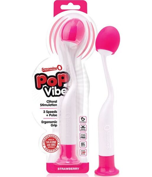Screaming O PoP Vibe Strawberry wand massager in roze en wit, met flexibele kop