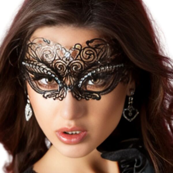 Metalen masker Chilirose CR 3706 in zwart, met glinsterende kristallen en satijnen bandjes