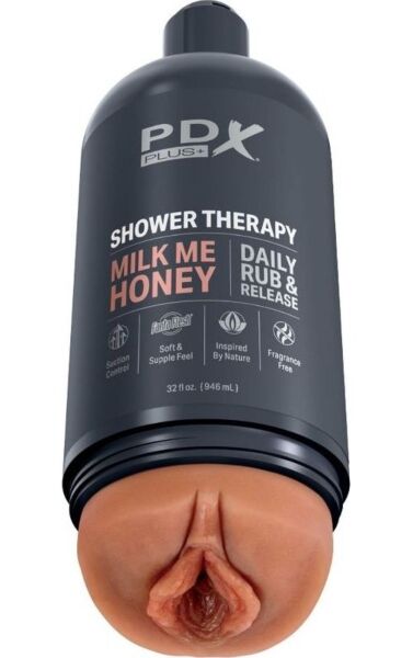 Masturbator PDX Plus Shower Therapy Milk Me Honey in de vorm van een shampooflacon